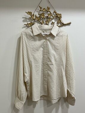 Max Studio London Cream Pinstripe Button-Up Shirt